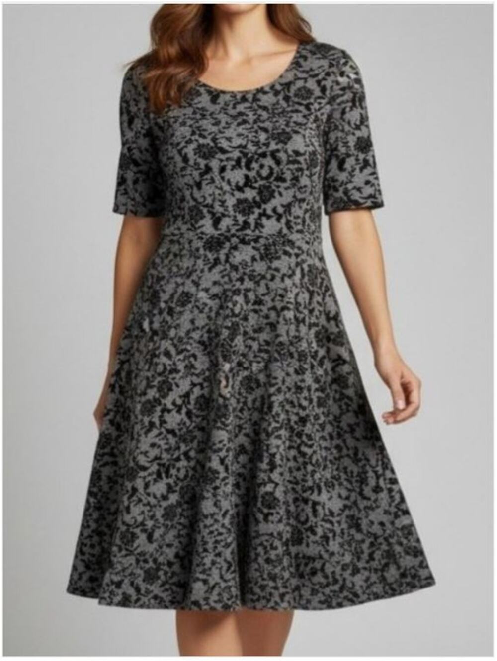 Classic LANDS' END Gray and Black Velvet Flocked Floral Dress Womens Size Medium